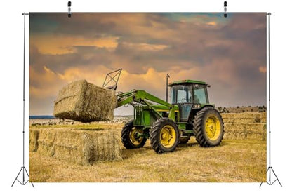 BELECO 10x8ft Fabric Farm Tractor Photography Backdrop Countryside Ranch Green Tractor Hay Bales Fall Harvest Photography Background Autumn Themed Party Decoration Photo Studio Props - size: 10x8ft