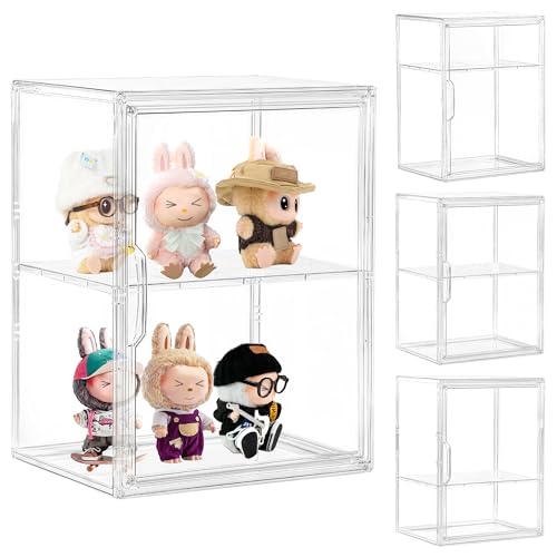 Acrylic Display Case with Removable Shelf, 2 Tier Clear Plastic Stackable Storage Bins with Magnetic Lids, Figure Display Case for Collectibles Cosmetic Acrylic Box, 4 Pack - size: 2 Tier -4pcs