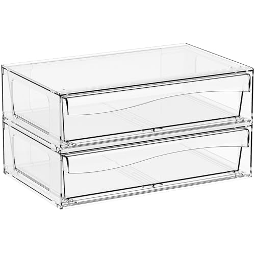 Yieach 12"W Clear Stackable Storage Drawers,2 Pack Pull Out Acrylic Drawers Organizer for Desk,Vanity,Bathroom,Plastic Office Supply Organizers And Storage Bins for Pen,Pencil,Craft,Sunglass,Medicine - color: Clear-12.1''x7.5''x3.5''High, size: 2 PACK