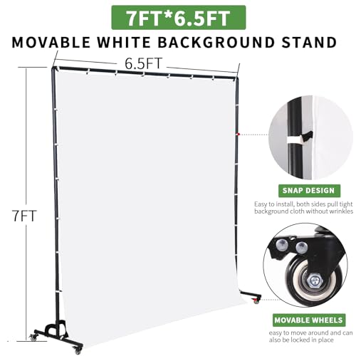 Movable White Backdrop Stand with Pulley, Suitable for Studio Photography, Stage Background Layout, Portrait and Product Photography, Live Streaming, Cutout (7 * 6.5FT) - size: 7*6.5FT