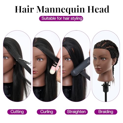 20-22 Inch Mannequin Head Human Hair with Stand,100% Real Human Hair Mannequin Head for Braiding,Cosmetology Manikin Doll Head for Styling with Table Clamp Hair Braiding Set(Brown) - color: 30 Black