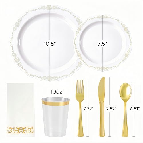 Fijinhom 175 PCS White and Gold Disposable Plates, Elegant Dinnerware Set for 25 Guests, 50 Plastic Plates, 75 Silverware, 25 Cups & 25 Paper Napkins, White and Gold - color: White and Gold Pattern, size: 25 Guests-175pcs