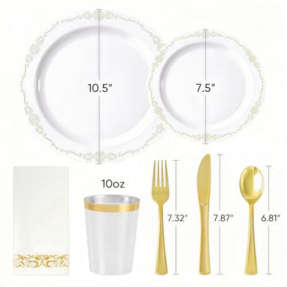 Fijinhom 350 PCS White and Gold Disposable Plates, Elegant Dinnerware Set for 50 Guests, 100 Plastic Plates, 150 Silverware, 50 Cups & 50 Paper Napkins, White and Gold - color: White and Gold Pattern, size: 50 Guests-350pcs