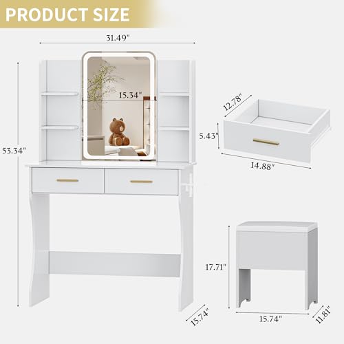 Vanity Desk with LED Lights Mirror & Power Outlet, Small Makeup Vanity Table Set with Storage Drawers & Chair, 3 Lighting Modes & Adjustable Brightness, Dressing Table for Women Girls Bedroom, White - color: White, size: 2 Drawers