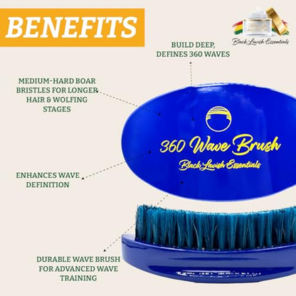 Men’s Hair Brush, Build Deeper, Hard Boar Bristle Curved, Perfect for Styling Hair, Ultimate Wave Grooming Tool, 360 Wave Brush (Medium-Hard Brush, Blue) - color: Royal Blue, size: Medium-Hard