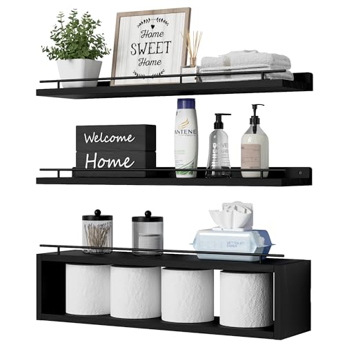 WOPITUES Floating Shelves for Wall 24 inch with Cube Shelf, Wall Shelves with Metal Rail for Decor, Bathroom Organizers and Storage, Over Toilet Shelves for Bathroom, Toilet Paper-Black - color: Black, size: 23.6 inch