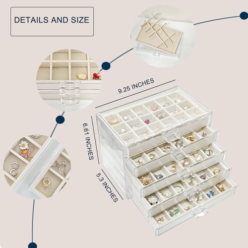 Acrylic Earring Holder Organizer with 5 Drawers Clear Earring Organizer Box with 90 Adjustable Grids Velvet Earring Display Case Jewelry Organizer for Earrings Rings Studs (Beige) - color: Beige
