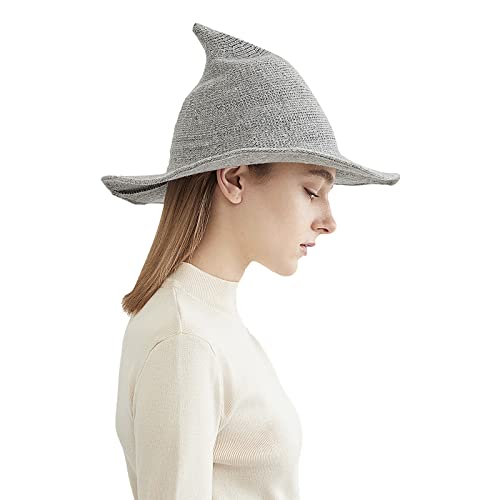 Halloween Witch Hat for Women Wide Brim Foldable Wizard Hat Wool Knit Pointed Cap Cosplay Costume Accessory - color: Light Grey