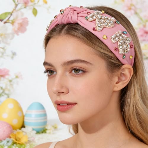 NVENF Easter Headband for Women Beaded Easter Rabbit Bunny Headbands White Pink Crystal Pearl Knotted Hairband Happy Spring Holiday Headwear Outfits Gifts (Rabbit B - Pink) - color: Rabbit B - Pink
