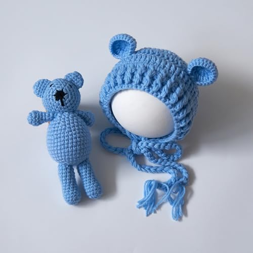 Zeroest Newborn Baby Boy Girl Photography Props Bear Hat Outfits Crochet Kint Handmade Cap Set for Newborn Photo Shoot - color: Blue