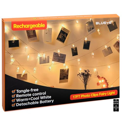 17FT 100LEDs Rechargeable Photo Clips String Light,Remote Control,3 Off Timer,Tangle-Free,Detachable Battery Operated Fairy Lights,Dorm Room Essential for Girl,Christmas(Cool+Warm White,1Pack)
