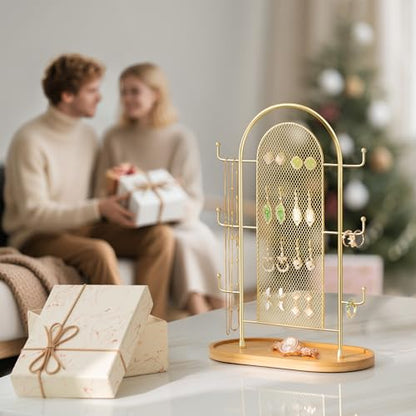 bussdis Jewelry Display Earring Stand Gold Organizer Earring StorageTree Jewelry Rack Towers with 6 Hooks 300 Stud Holes Wood Tray for Necklaces Bracelets Ring - color: Gold