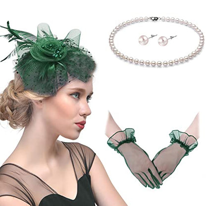 Fascinators Hats with Gloves Set for Women 20s 50s Cocktail Tea Party Wedding Costume Headwear - color: B-blackish Green