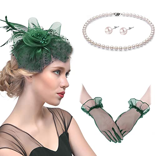 Fascinators Hats with Gloves Set for Women 20s 50s Cocktail Tea Party Wedding Costume Headwear - color: B-blackish Green