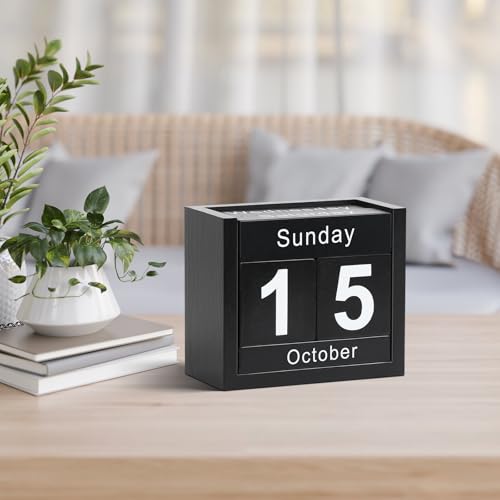 Wooden Block Calendar for Desk, Daily Desktop Perpetual Desk Calendar, Cute Date Display Blocks Desk Accessory for Home Office Decor, Teacher, Classroom, Reusable Yearly, Black - color: Black