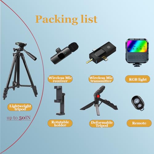 Vlogging Kit for iPhone, Vlogging Kit for Andriod Phone, Content Creator Essentials w/RotatableHolder/Lavalier Mic/RGB Light/Remote/Extendable Tripod (50IN Tripod) - size: 50IN Extenable Tripod
