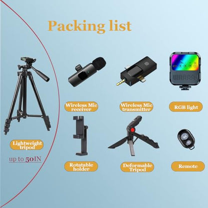 Vlogging Kit for iPhone, Vlogging Kit for Andriod Phone, Content Creator Essentials w/RotatableHolder/Lavalier Mic/RGB Light/Remote/Extendable Tripod (50IN Tripod) - size: 50IN Extenable Tripod