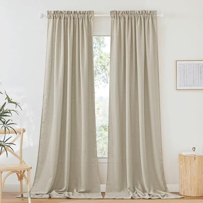 RYB HOME Linen Sheer Curtains Extra Long Farmhouse Bedroom Sliding Door, Beige, W 52 x L 120, 2 Panels - color: Beige, size: 52"W x 120"L (Pack of 2)