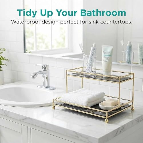 Makeup Organizer Shelf, 2-Tier Cosmetic Storage Basket with Glass Tray, Wire Vanity Organizer Rack for Bathroom, Countertop, Dresser and More, Medium Size