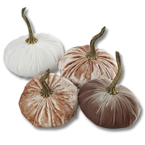 Set of 4, small velvet pumpkins, taupe decor, neutral bowl filler for kitchen, year round mantel decor, autumn cozy gift for her, fall centerpiece (2 Luxe Champagne, Ivory, Taupe) - color: 2 Luxe Champagne, Ivory, Taupe