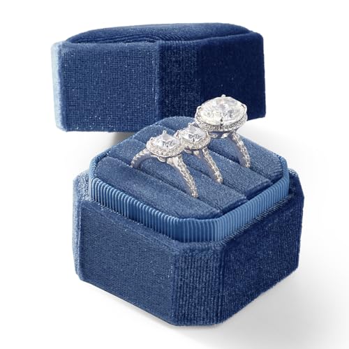 3 Slots Ring Box Velvet Ring Gift Box Wedding Day For Proposal, Engagement, Wedding, Mother's Day, Valentine's Day (Blue) - color: Blue