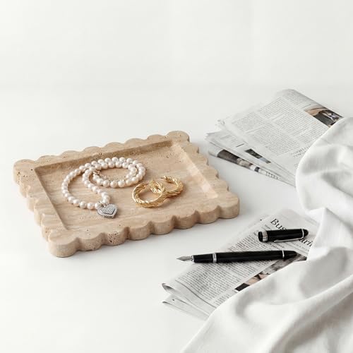 Travertine Tray, 11"x8.3" Natural Marble Scalloped Tray for Jewelry Cosmetics Perfume Trinket, Stone Vanity Tray for Countertop Bathroom Kitchen Dresser, Travertine Decor(Beige) - color: Travertine, size: 11" x 8.3" x 0.8"