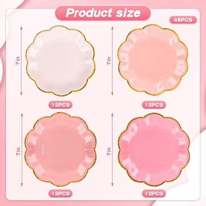 AimFun 48 Pcs Pink Party Plates Gradient Pink Dessert Paper Plates 7inch Gold Foil Scalloped Edge Disposable Cake Plates for Mothers Day Birthday Bridal Baby Shower Wedding Party Supplies - color: Pink