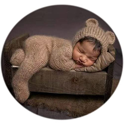 Zeroest Newborn Boy Photoshoot Outfits and Props Bear Bonnet with Footed Romper Infant Baby Photography Crochet Knitted Set - color: Khaki