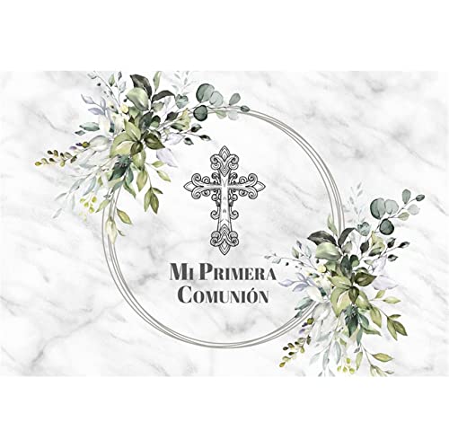 10x6ft Mi Primera Comunión Backdrop Abstract Grey Marble Cross Green Leaves Photo Background for Baptism Party Christening Polyester Photography Banner Decoration Supplies Props - size: 10x6ft-Polyester