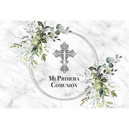 10x6ft Mi Primera Comunión Backdrop Abstract Grey Marble Cross Green Leaves Photo Background for Baptism Party Christening Polyester Photography Banner Decoration Supplies Props - size: 10x6ft-Polyester