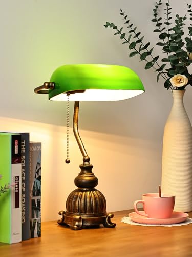 Retro Green Glass Bankers Desk Lamp for Home Office,Library with Pull Chain Switch Plug in Fixture, LED Bulb Included - color: Antique+Green1