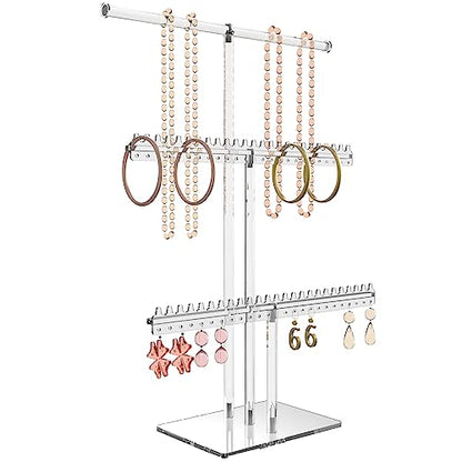 lengnoyp Premium Jewelry Stand, Earring Holder, Necklace Holder Stand, Clear 3-Tier Acrylic Large Storage Jewelry Organizer Stand & Bracelet/Bangles Stand, 48 Earring Holes Display Stands - size: 3-Tier