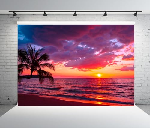 BELECO 12x8ft Fabric Sunset Beach Backdrop Tropical Seaside Coconut Palm Trees Background Backdrop Summer Beach Sunset Hawaii Luau Party Decorations Birthday Photoshoot Studio Photo Props - size: 12x8FT