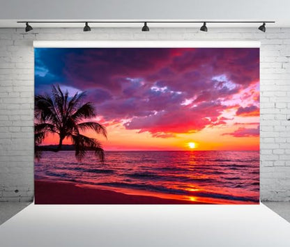 BELECO 12x10ft Fabric Sunset Beach Backdrop Tropical Seaside Coconut Palm Trees Background Backdrop Summer Beach Sunset Hawaii Luau Party Decorations Birthday Photoshoot Studio Photo Props - size: 12x10FT