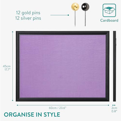 Navaris Framed Fabric Bulletin Board - 18 x 24 inches Plush Jewelry Organizer Pinboard for Wall - Memory Memo Pin Board - Purple with Black Frame - color: Black / Purple
