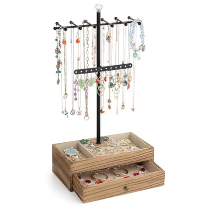 Meangood Jewelry Organizer Stand, 3-Tier Necklace Holder Jewelry Tree with Wooden Storage Drawer Box for Necklace Bracelet Earring Ring, Carbonized Black - color: Carbonized Black