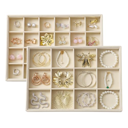 Large Velvet Jewelry Tray 2 Pack Stackable Jewelry Display Drawer Inserts Trays Organizer for Earring Bracelet Necklace Ring (Beige, 12 Grids+24 Grids) - color: Beige, size: 12 Grids+24 Grids