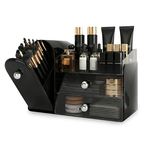 lurcns Makeup Organizer with Dustproof Brush Holder for Vanity, Large Cosmetics Organizer and Bathroom Countertop Skincare Storage with 2 Clear Drawers for Lipstick, Perfume, Eyeshadow Palettes,Black - color: Black