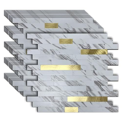 10-Sheet Peel and Stick Backsplash Tile, PVC Mixed Meta,l Stick on Kitchen, Bathroom Vanities, Fireplace Décor, Laundry Table(11.2" X 12.7") (10, White Marble + Golden) - color: White Marble + Golden