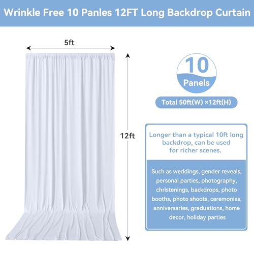50FTx12FT White Wrinkle-Free Wedding Backdrop Curtain -Silky Washable White Polyester Drapes for Baby Showers, Birthday Parties, Photography, and Wedding Receptions-10 Panels 5FTx12FT - color: White, size: W5' x H12'(10 panels)