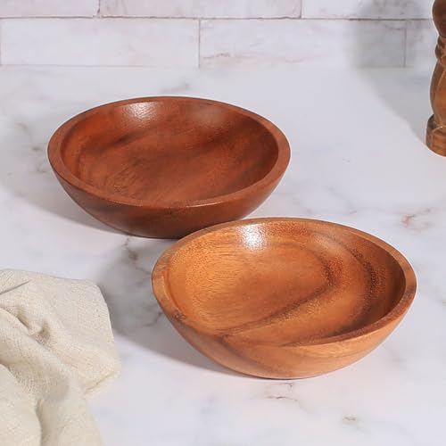Acacia Wood Serving Bowls, 6 Inch Handcrafted Wooden Individual Bowls Set of 2 for Food/Soup/Salad/Pasta, Use as Snack Holder Plate for Kitchen and Dining - size: D 6.3'' x H 1.6''