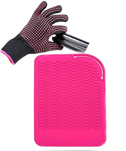 Heat Resistant Glove with Heat Resistant Mat for Curling Iron, Hair Straightener, Flat Irons, Silicone Bump Glove, 9” x 6.5” Food Grade Silicone Mat, Pink - color: Pink G