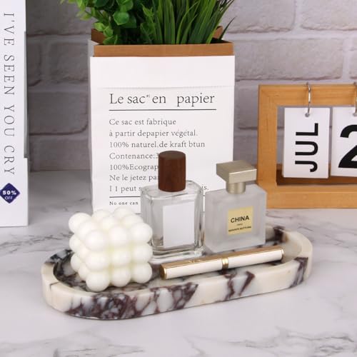Natural Marble Tray Oval, Bathroom Vanity Tray for Countertop, Elegant Stone Decorative Organizer for Perfume, Jewelry, Home Decor (1, Calacatta Viola, 10 x 5 x 0.6) - color: Calacatta Viola