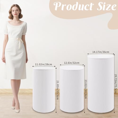 Metal Pleated Cylinder Pedestal Stands for Party, 3 Pieces Heavy Duty Round Cake Pedestal Stand Display Plinth Pillars Art Decor for Wedding Ceremony Birthday Party（Medium, White） - size: Xl:29.72"x14.17", L:23.82"x12.6", M:21.85"x11.02"
