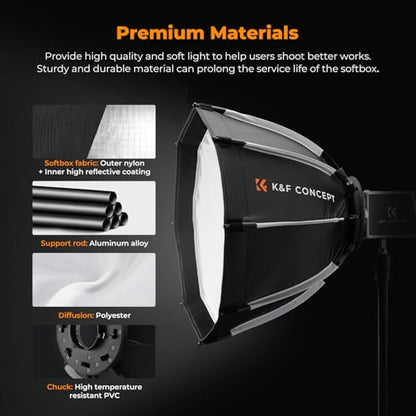 K&F CONCEPT 15.7"/40cm Octagonal Softbox, Quick Folding Quick Set Up Compatible with PL-60B COB LED Video Light with Diffusers/Honeycomb Grid/Bag
