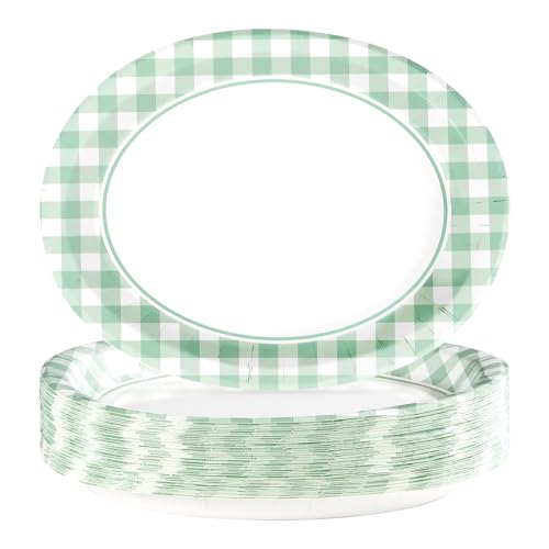 Grencian 50 Pcs Gingham Party Supplies 10"x12" Large Sage Green Gingham Oval Plates Disposable Heavy Duty Green and White Checkered Plaid Paper Plates for Baby Shower Picnic BBQ Birthday Wedding Bride - style: Green Gingham Oval Plates