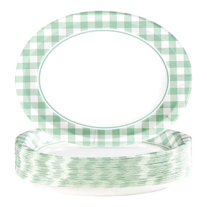Grencian 50 Pcs Gingham Party Supplies 10"x12" Large Sage Green Gingham Oval Plates Disposable Heavy Duty Green and White Checkered Plaid Paper Plates for Baby Shower Picnic BBQ Birthday Wedding Bride - style: Green Gingham Oval Plates