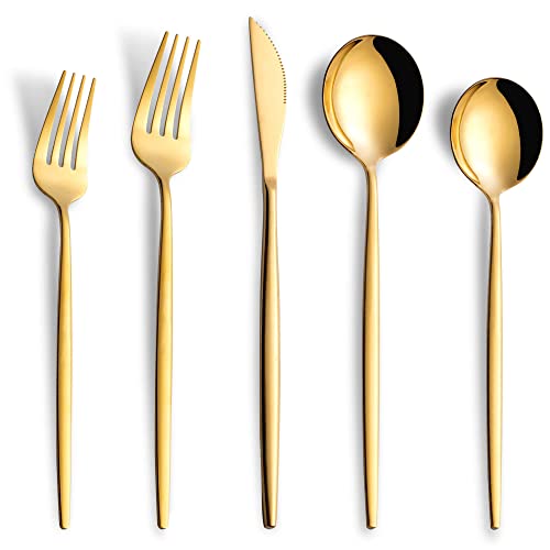 20 Piece Gold Silverware Set,Stainless Steel Flatware Cutlery Set Service for 4 Including Forks Spoons Knives,Kitchen Utensil Set,Tableware for Home and Restaurant, Dishwasher Safe - color: Gold, size: 20-Piece
