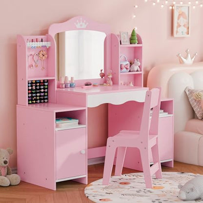 MU Kids Vanity, Girl Vanity Set with Mirror and Stool, 2 in 1 Toddler Makeup Vanity Table with Jewelry Storage, Wooden Princess Makeup Desk Dressing Table for Little Girls, (Pink) - color: Pink