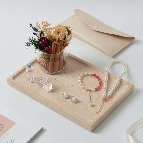 Real Luxurious Natural Travertine Tray - 12x8 Inch Marble Vanity Tray for Perfume Display, Jewelry Organizer, Bathroom & Home Decor -Heavy Duty Non-Slip Stone Tray (Non-Resin/Non-Ceramic) - color: Travertine